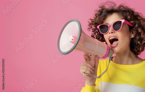 Enthusiastic Young Woman Holding Megaphone Against Vibrant Pink Background