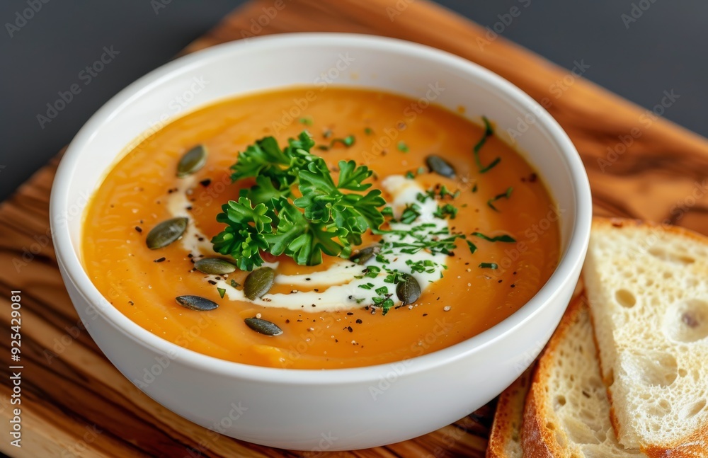 Creamy Pumpkin Soup With Toasted Bread and Fresh Herbs on Wooden Board Creamy Pumpkin Soup With Toasted Bread and Fresh Herbs on Wooden Board