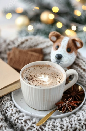 Warm Cocoa With Milk Foam and Decorative Stars on a Cozy Blanket During Winte...