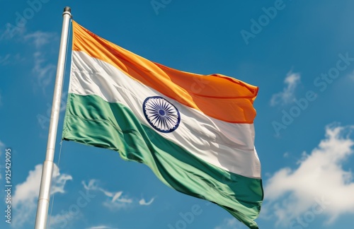 Indian National Flag Waving Against Clear Blue Sky During Daytime