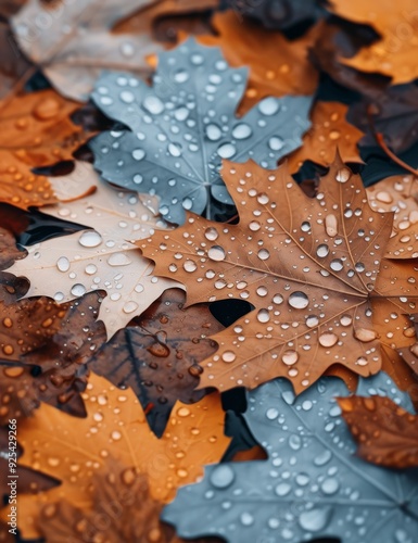 Autumn Leaves With Raindrops on Ground in a Forest Setting