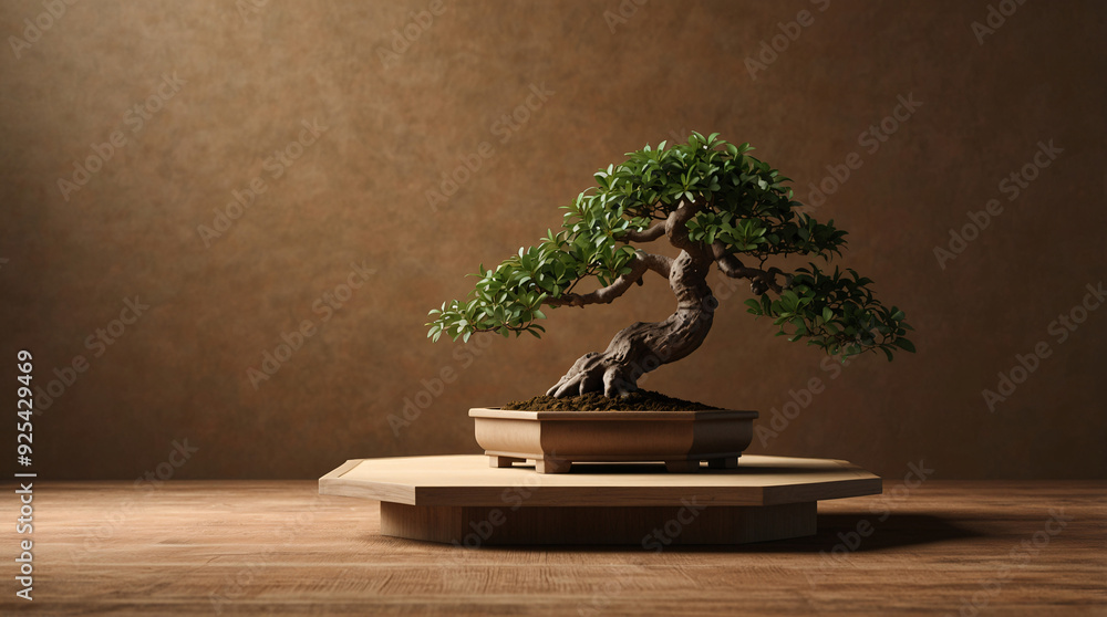 bonsai trees in a room with a brown wall and wooden floor. bonsai trees in a room with a brown wall and wooden floor.