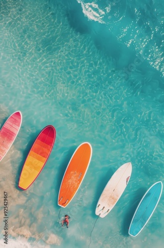 Colorful Paddle Boards on Clear Water in Tropical Location