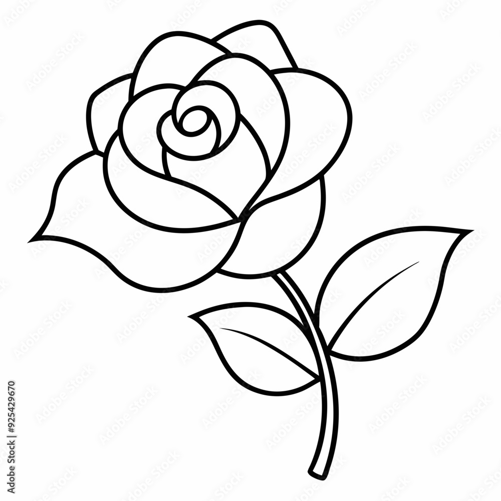 Simple outline vector illustration of rose flower with leaves clipart Simple outline vector illustration of rose flower with leaves clipart