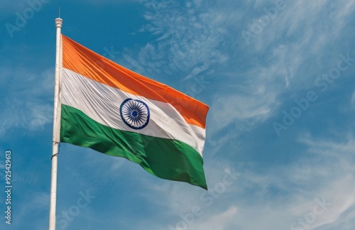 Indian National Flag Waving Against Clear Blue Sky During Daytime