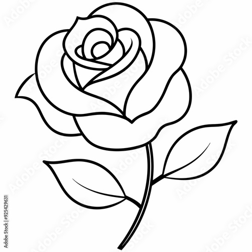 Simple outline vector illustration of rose flower with leaves clipart