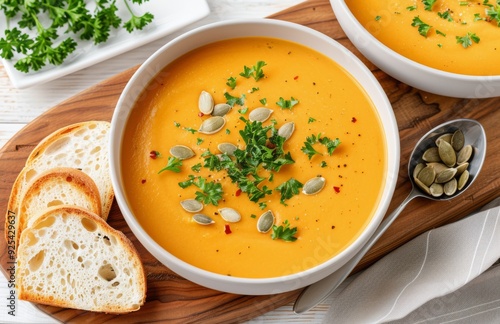 Creamy Pumpkin Soup With Toasted Bread and Fresh Herbs on Wooden Board