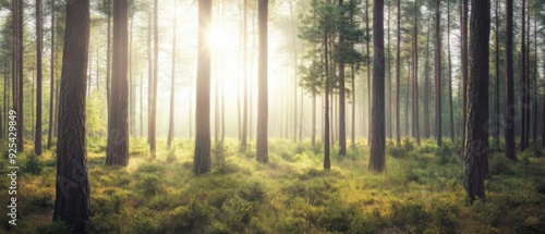 A serene forest scene with sunlight streaming through tall trees, casting shadows on the lush green undergrowth.