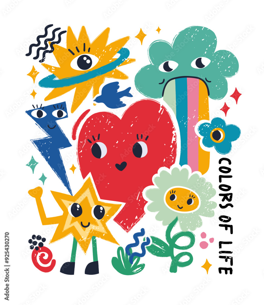 Funny cartoon Heart illustration.Love concept.Retro cartoon stickers.Set of Funny Character Emoticons. Pop Art Elements.Vector illustration of heart, patch, cloud , cloud, rainbow, abstract faces etc. Funny cartoon Heart illustration.Love concept.Retro cartoon stickers.Set of Funny Character Emoticons. Pop Art Elements.Vector illustration of heart, patch, cloud , cloud, rainbow, abstract faces etc.