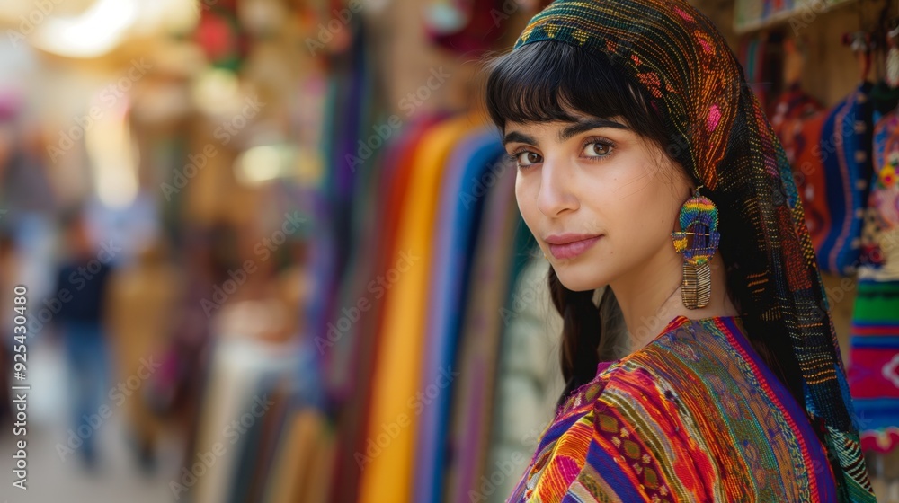 Obraz premium A woman in colorful clothes stands in a vibrant market, displaying a curious expression, capturing the essence of culture and diversity.