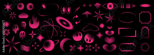 Vector set of halftone retro elements. Design collection, pixelated, y2k style. Stars, frames, arrows, hearts icons and other creative elements. Pink colored