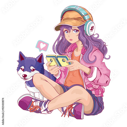 Cute manga girl and siberian husky illustration.T shirt graphics for girls.Cool anime girl character.​Japanese style, Cute gamer manga girl vector.Cute dog print.Cute girl playing computer game.