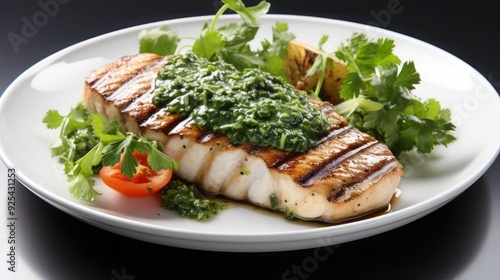 a serving of grilled white fish with Chimichurri sauce infused with herbs and spices, garnished with greens