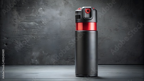 A sleek, modern pepper spray canister with a bright red trigger and a matte black body, set against a dark urban background
