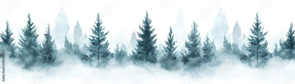 Fototapeta premium A serene watercolor painting of a misty pine forest with soft blue and green hues.