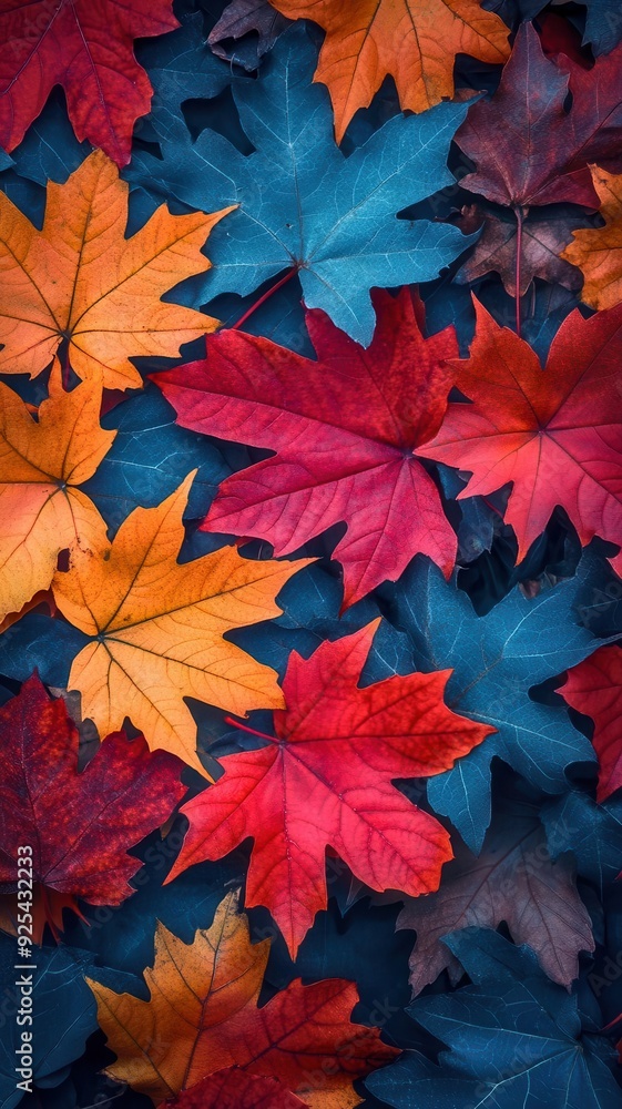 Colorful autumn leaves in vibrant shades of red, orange, and blue create a beautiful natural pattern and texture. Colorful autumn leaves in vibrant shades of red, orange, and blue create a beautiful natural pattern and texture.