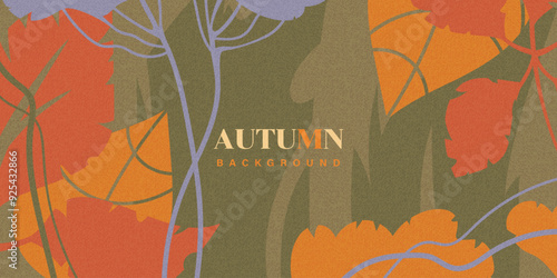 Abstract autumn background with grainy texture. Botanical poster, web banner with fallen leaves and plants. Trendy fall cover design. Hand drawn template for advertising, social media, print.
