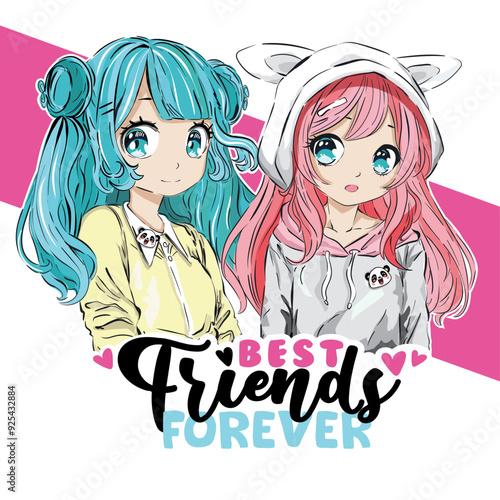 Anime Girls illustration with best friends forever slogan.Vector graphic design for t-shirt.Cute manga girls vector.Japanese girl print.Best friends forever slogan.Hand drawn children's drawing.
