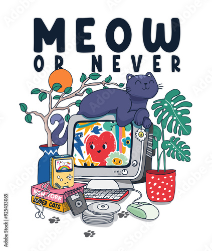 Cute cat vector illustration.Cute t shirt graphics for kids.Pet and lettering poster.Animal pattern print.Sleeping Cat on Computer with Plants.Fun and funny cartoon kitty hand drawing.New York slogan.