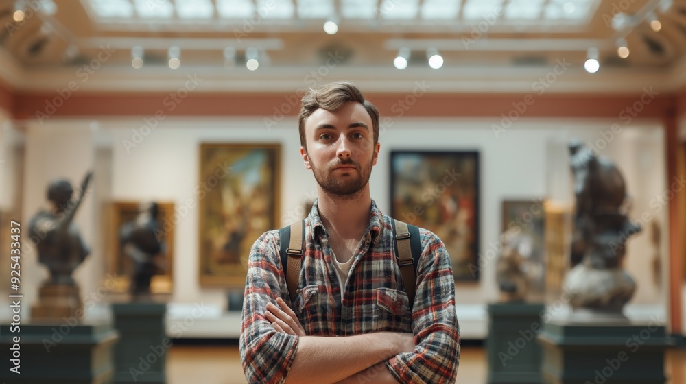 A young man in a plaid shirt stands confidently with arms crossed at an art gallery, surrounded by impressive exhibits and sculptures. A young man in a plaid shirt stands confidently with arms crossed at an art gallery, surrounded by impressive exhibits and sculptures.