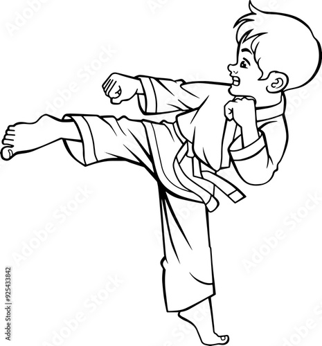  kids practicing karate  line vector illustration isolated on white background