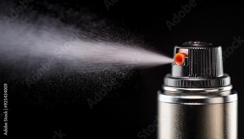 A close-up of a pepper spray nozzle emitting a fine spray