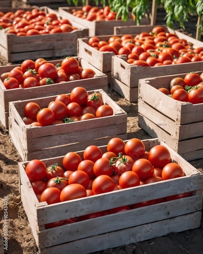 Closeup of Farmer Holding Wooden Crate with Falling Tomatoes. Concept of Harvesting Fresh Vegetable on Farm. Orchard on Background.