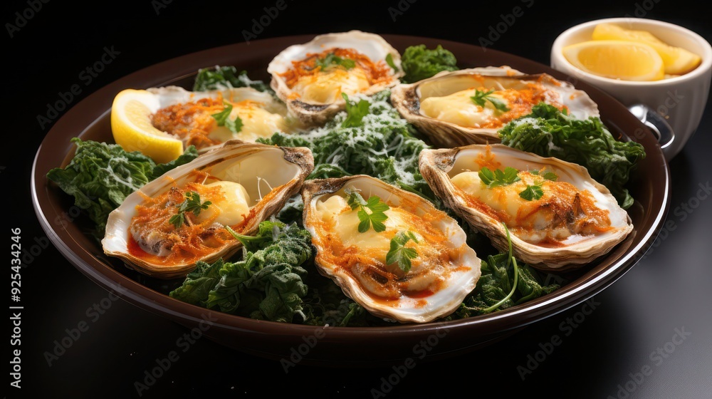 an exquisite dish of baked oyster infused with herbs and spices, loaded with creamy butter, chopped chives ready to be devoured an exquisite dish of baked oyster infused with herbs and spices, loaded with creamy butter, chopped chives ready to be devoured