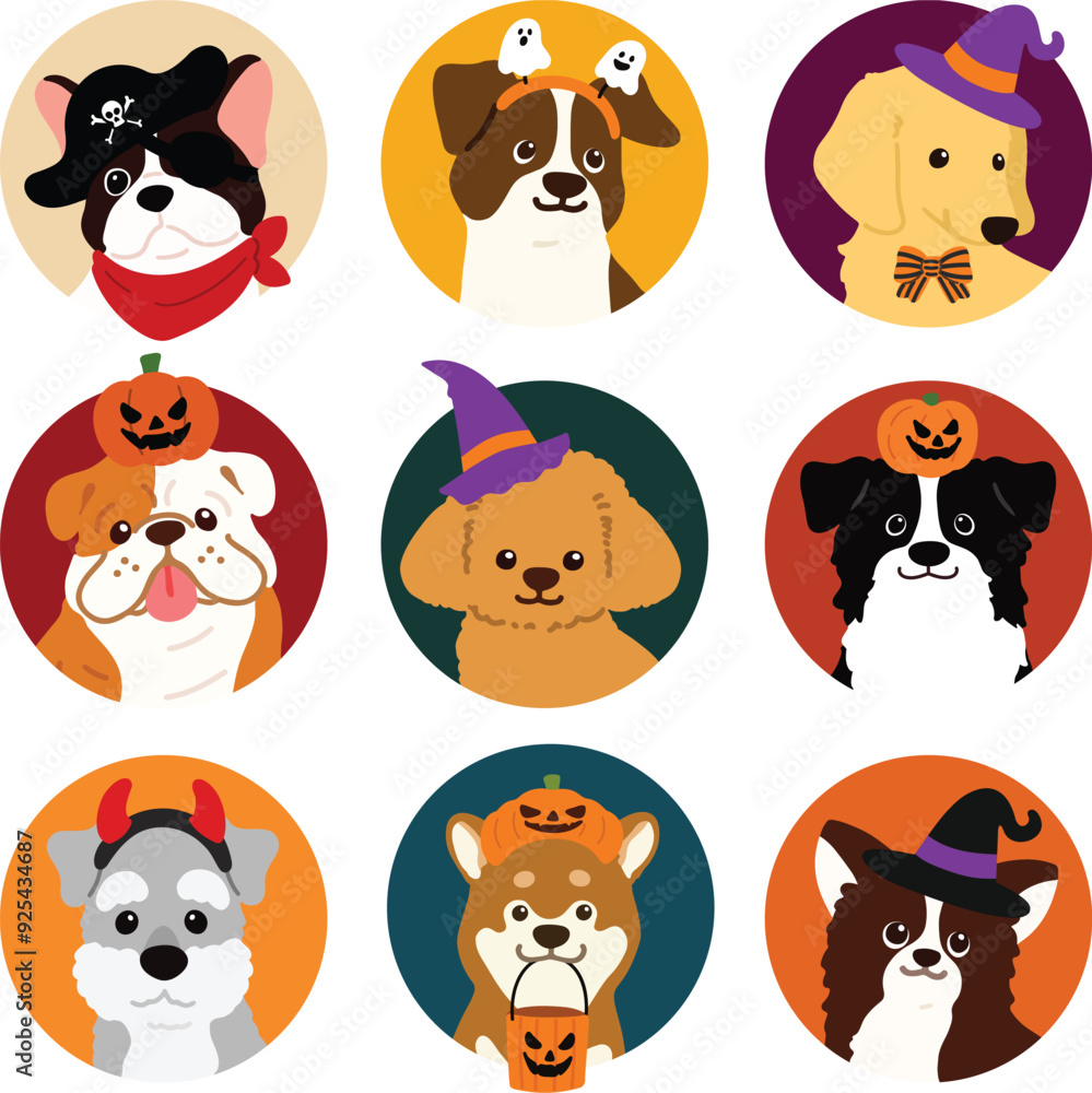 Simple and cute circle icon illustrations of friendly dogs on Halloween Simple and cute circle icon illustrations of friendly dogs on Halloween