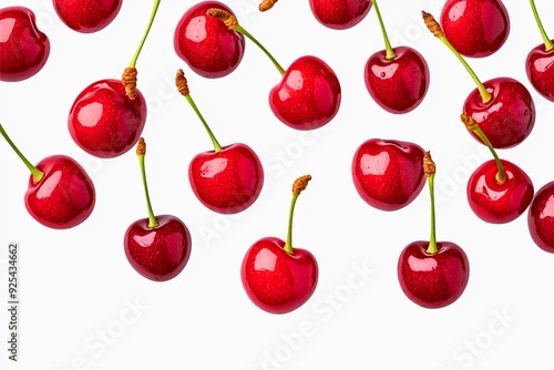A collection of vibrant red cherries with stems are captured in mid-air against a clean white background. 