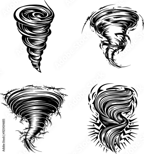 Set of four outline silhouettes of tornadoes and whirlwinds in doodle drawing style. Vector monochrome sketches of nature elements on transparent backgrounds