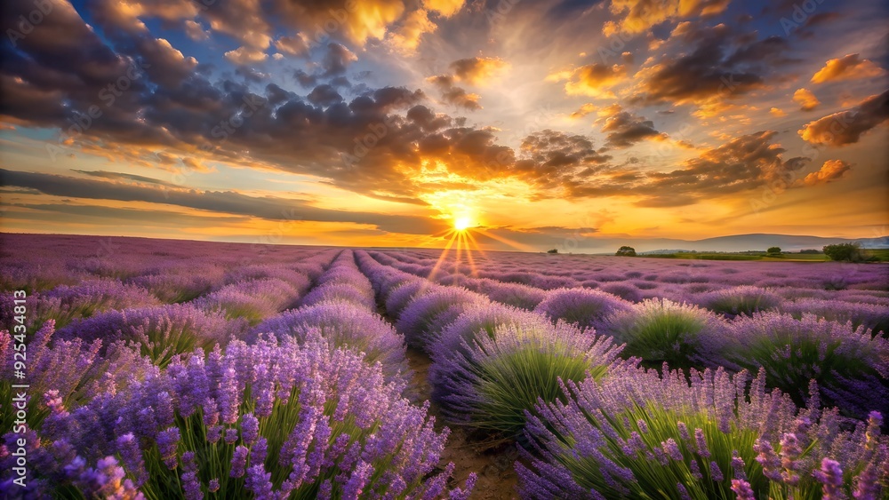 A field of lavender swaying in the wind under a golden sunset A field of lavender swaying in the wind under a golden sunset