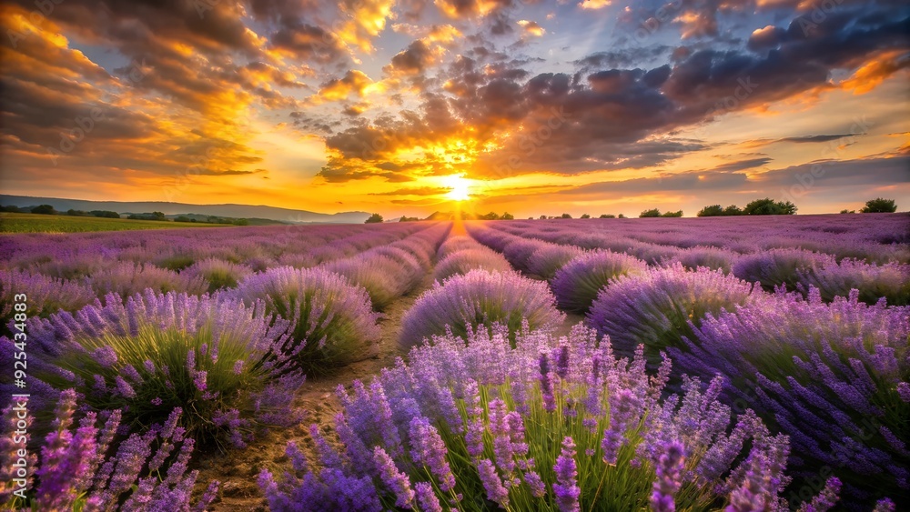A field of lavender swaying in the wind under a golden sunset