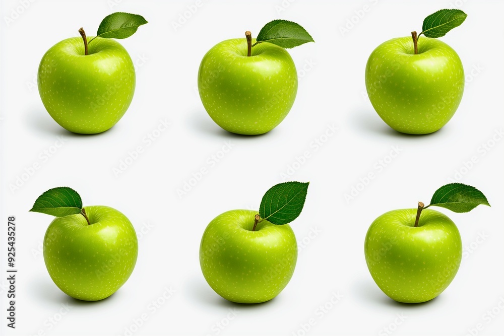 A collection of perfectly shaped green apples with vibrant green leaves arranged in a grid pattern against a clean white background. A collection of perfectly shaped green apples with vibrant green leaves arranged in a grid pattern against a clean white background.