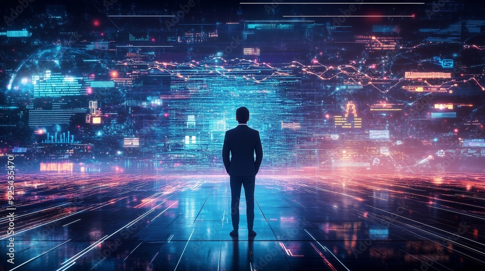 A leader stands before a digital interface, showcasing data streams and AI in a transformative enterprise.