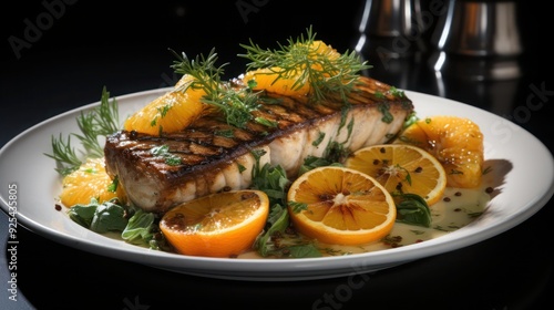 a tantalizing serving of pan seared sea bass infused with citrus based butter, garnished with greens and lemon slices ready to be served photo