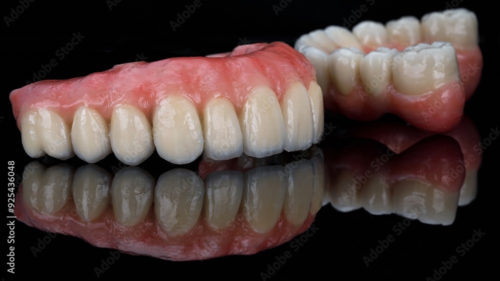 two excellent dental prostheses with a beautiful pink gum on black glass with reflection two excellent dental prostheses with a beautiful pink gum on black glass with reflection