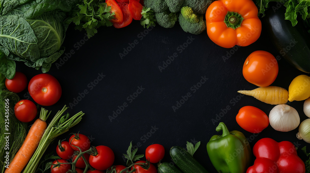 A vibrant assortment of fresh vegetables neatly arranged around a dark background, ideal for healthy eating concepts. The rich colors and textures offer a natural, organic appeal, with copy space. A vibrant assortment of fresh vegetables neatly arranged around a dark background, ideal for healthy eating concepts. The rich colors and textures offer a natural, organic appeal, with copy space.