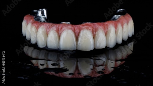 ceramic dental prosthesis with titanium bar and gum on black glass with water splashes