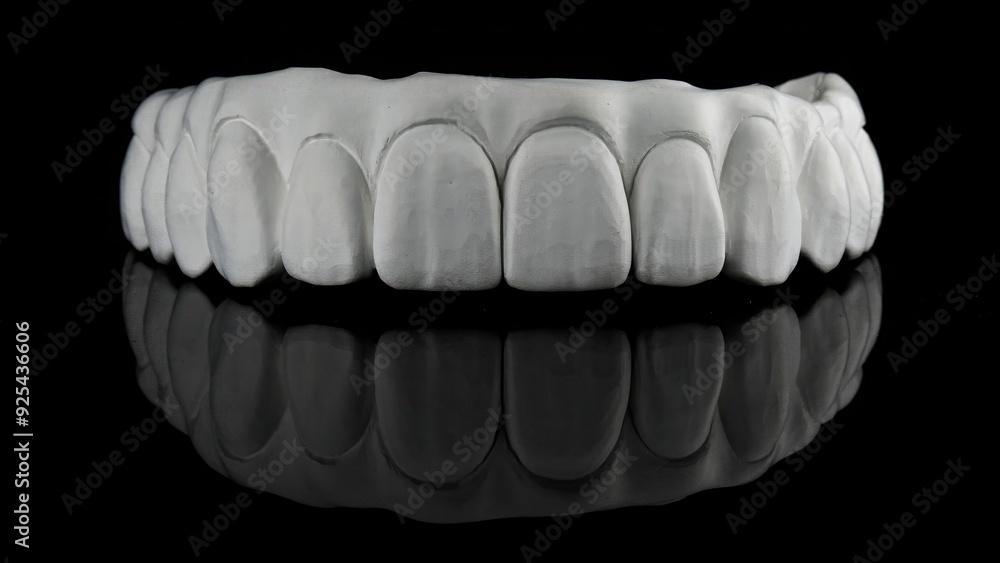 Obraz premium Cleaned dental zircon for the future prosthesis of the upper jaw on black glass with reflection