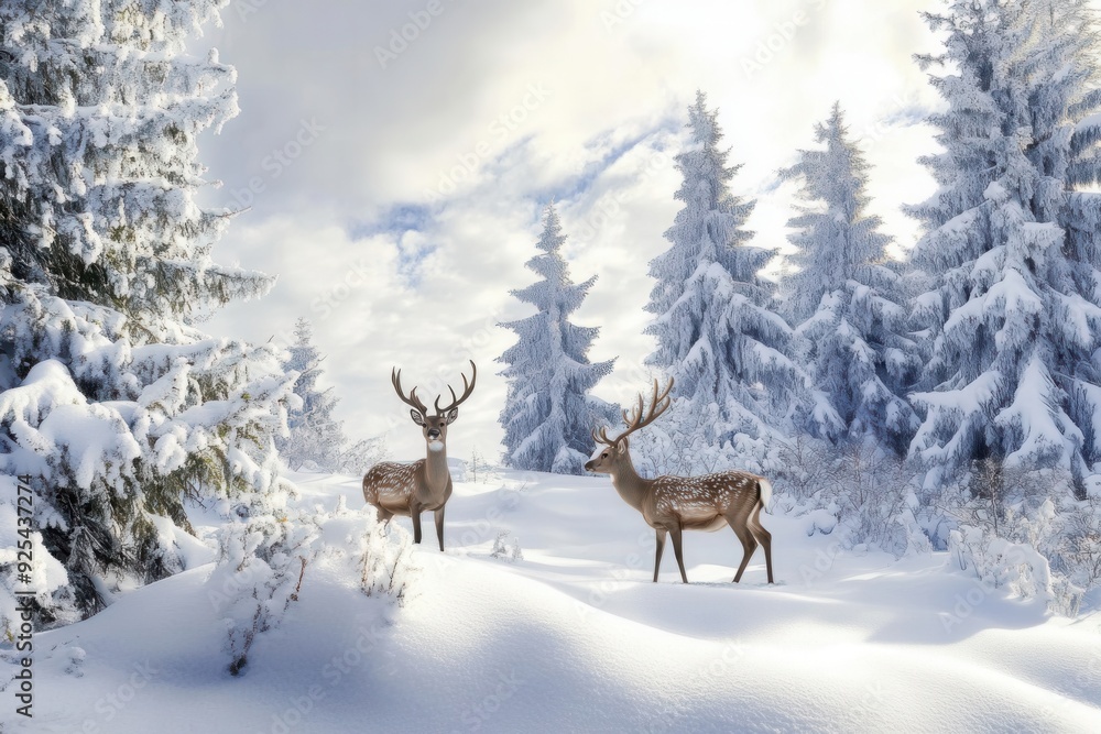 Two deer standing in a snowy forest with snow-covered pines and clear skies. Two deer standing in a snowy forest with snow-covered pines and clear skies.