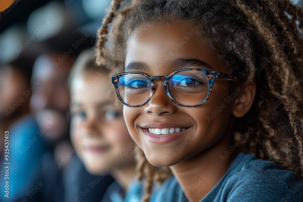 A young boy with glasses and dreadlocks smiles warmly while sitting beside a friend in a lively indoor setting A young boy with glasses and dreadlocks smiles warmly while sitting beside a friend in a lively indoor setting