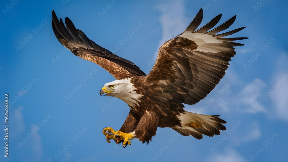 Naklejka premium Round Winged Eagle Flying on Blue Sky Background, Photo Realistic, Pattern Background, Wallpaper, Cover and Screen for Smartphone, Cell Phone, Computer, Laptop