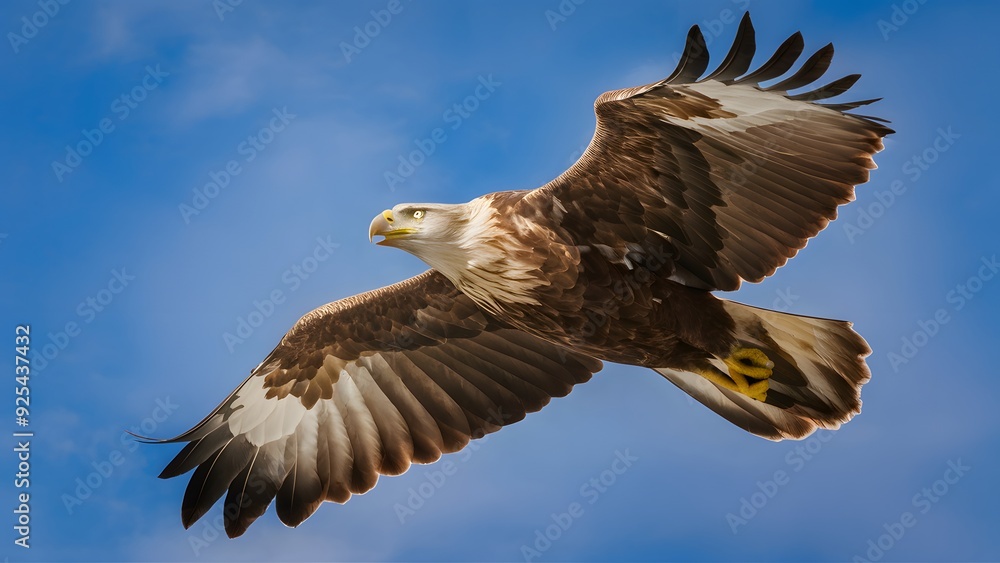 Obraz premium Round Winged Eagle Flying on Blue Sky Background, Photo Realistic, Pattern Background, Wallpaper, Cover and Screen for Smartphone, Cell Phone, Computer, Laptop