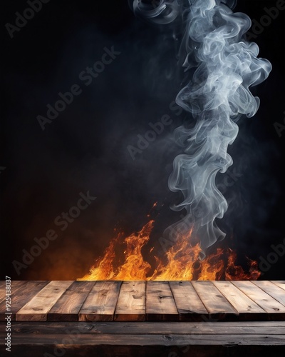 Wooden table made with natural wood planks with a concrete block wall background in a dark room, rustic environment to display artisan elements, meats or Mediterranean products. photo