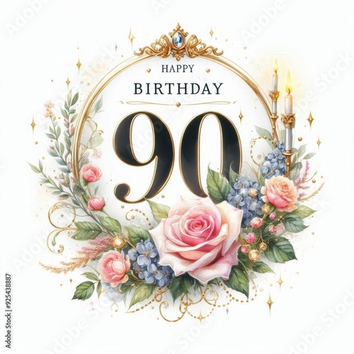 Elegant 90th birthday design with floral decorations and golden accents.