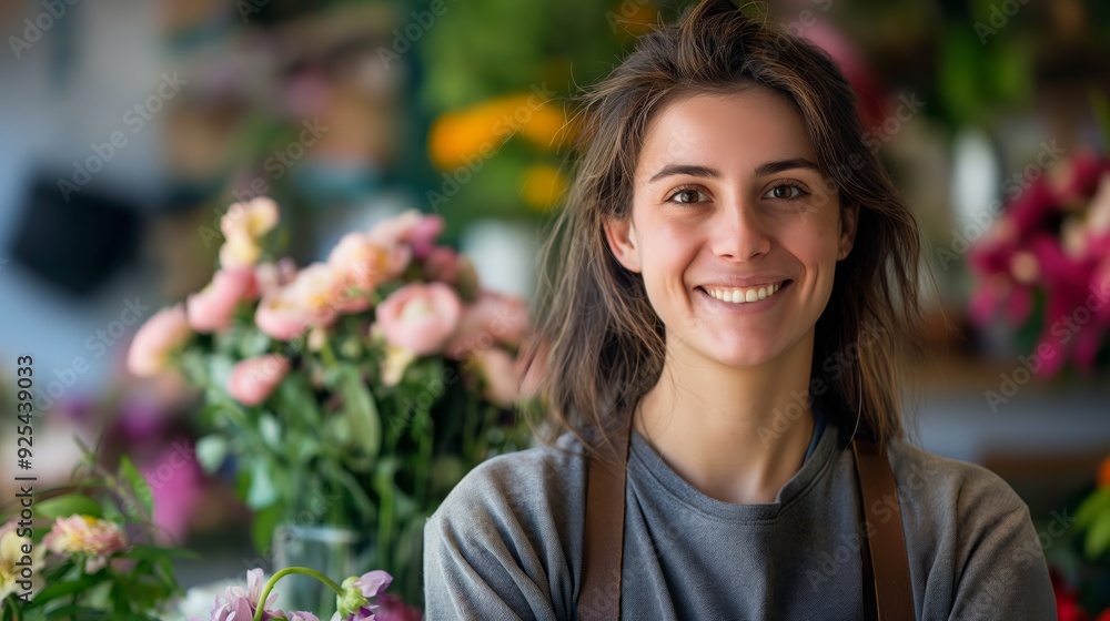 A young woman with a big smile stands in a flower shop filled with colorful blooms, surrounded by the beauty and fragrance of flowers. A young woman with a big smile stands in a flower shop filled with colorful blooms, surrounded by the beauty and fragrance of flowers.