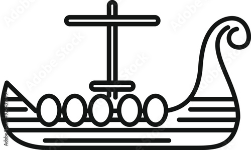 Viking ship is sailing on the water, its oars extended and ready to propel it forward