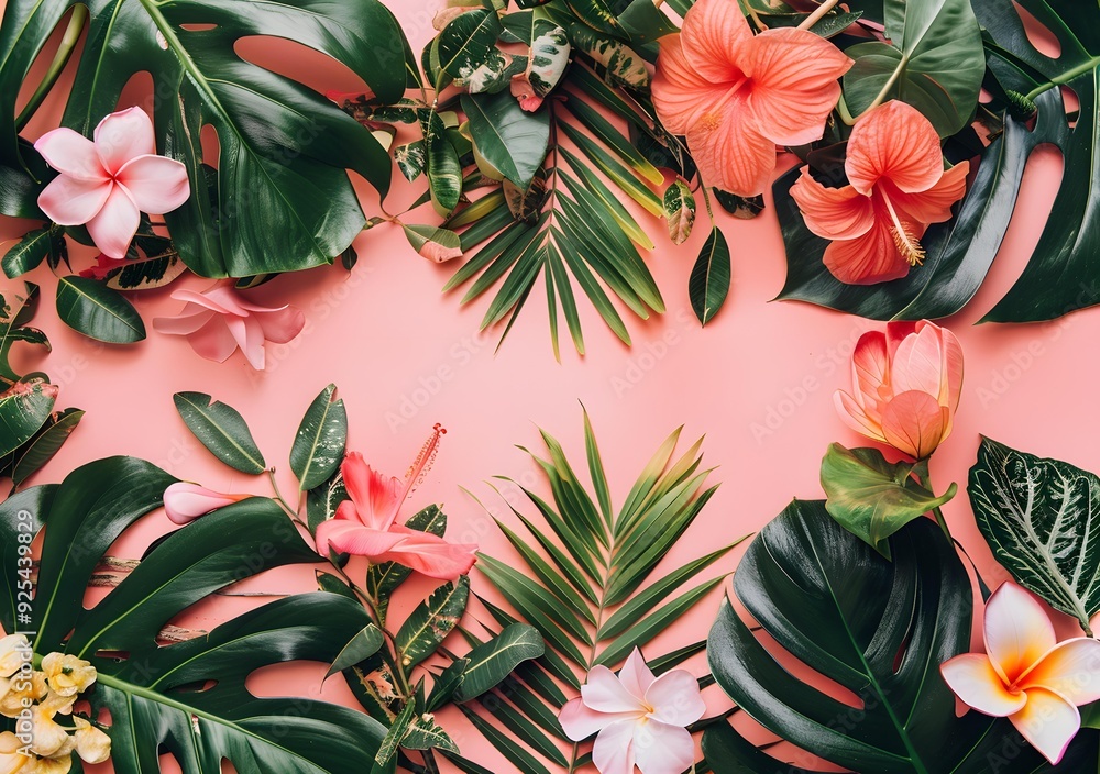 Tropical Flowers and Leaves Flat Lay on Pink Background Tropical Flowers and Leaves Flat Lay on Pink Background