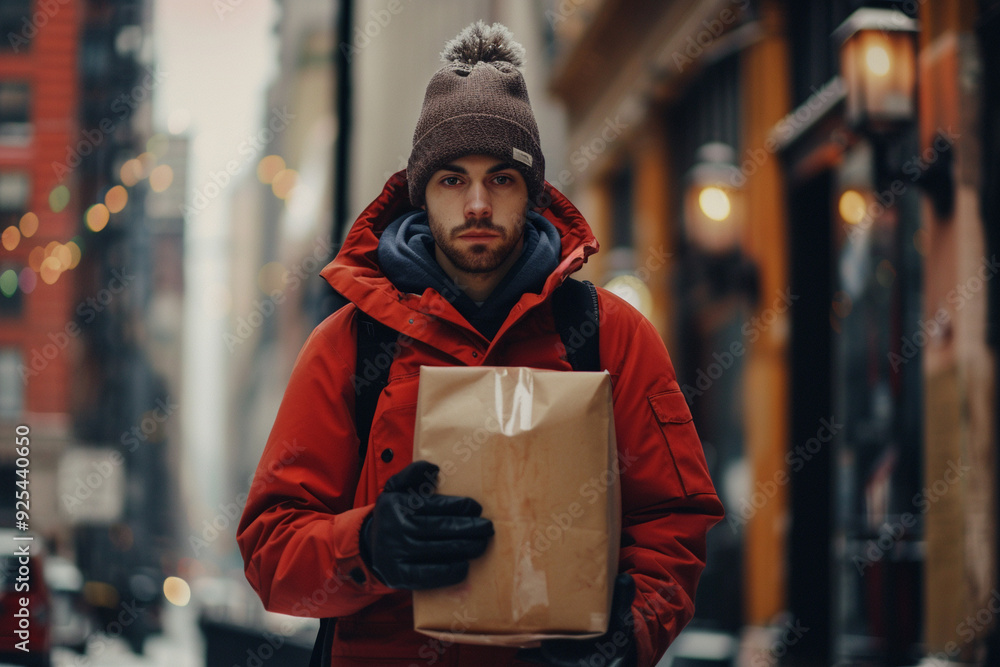 Man in Red Jacket Holds a Package on the City Street Man in Red Jacket Holds a Package on the City Street
